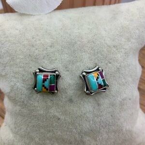 925 Vintage Square Southwestern Mosaic Inlay Stud Earrings
